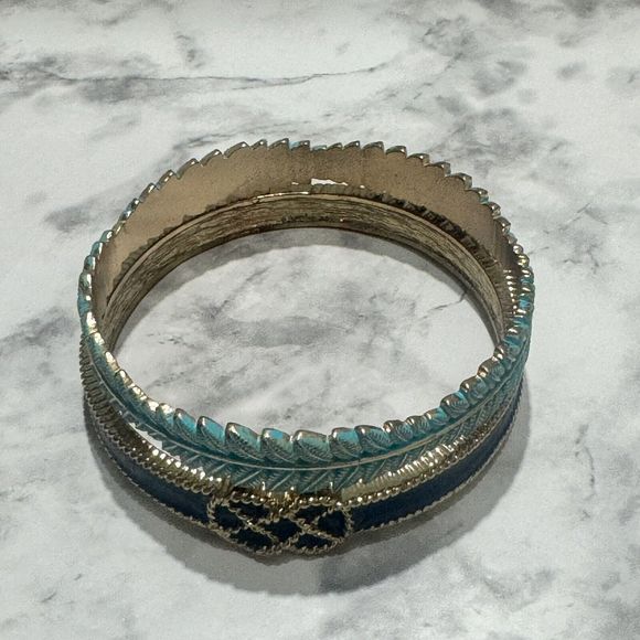 Solid Metal Vintage Custom Made Bangle Bracelets, Navy-Teal-Goldtone, Set Of 2 - Picture 8 of 8